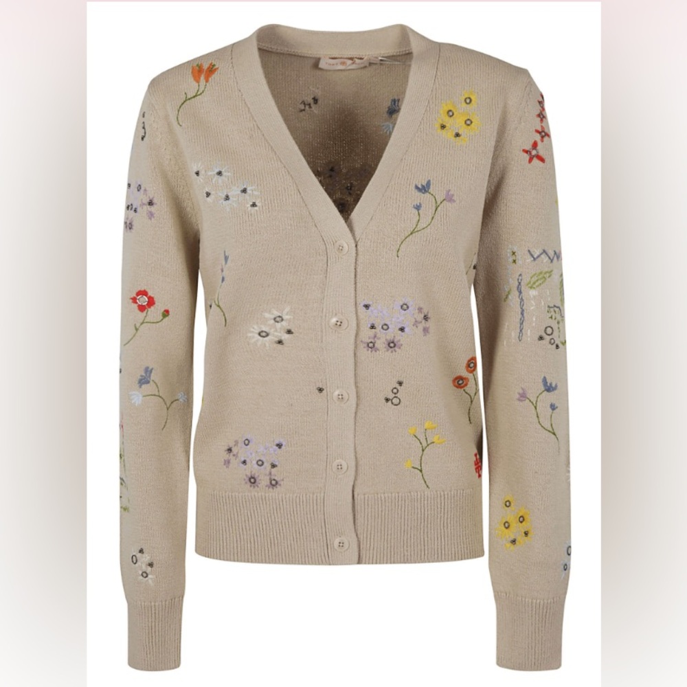 Tory Burch beaded embroidered cotton v-neck long sleeve cardigan